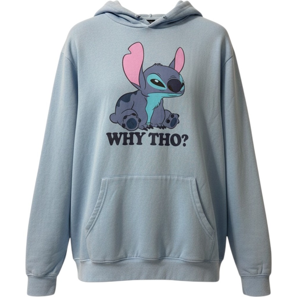 Disney Stitch Hoodie Mens 2XL Light Blue New Why Tho Graphic Sweatshirt